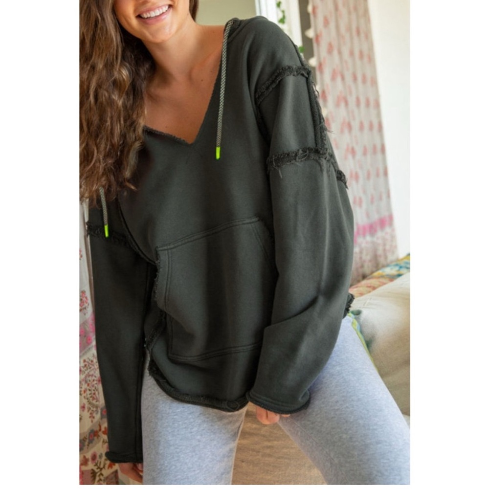 Women’s Exposed Seam V-Neck Hoodie with Drawstrings and Front Pocket